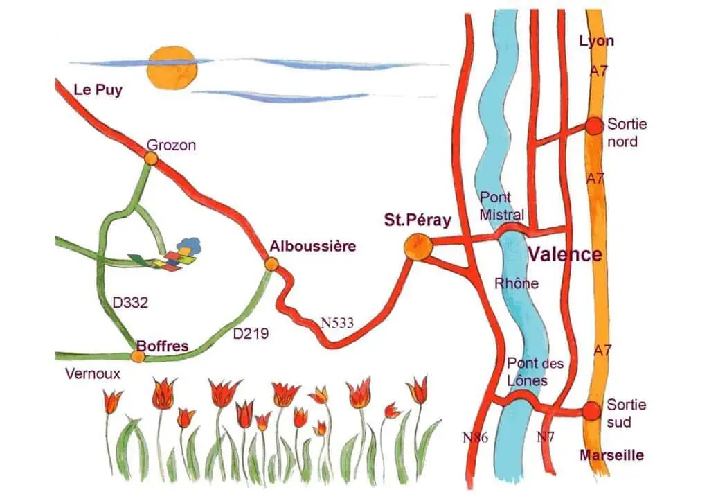 Le plan d'accès dessiné de la plaquette de Marelles : de Valence par Saint-Péray et Alboussière, puis Boffres et Grozon